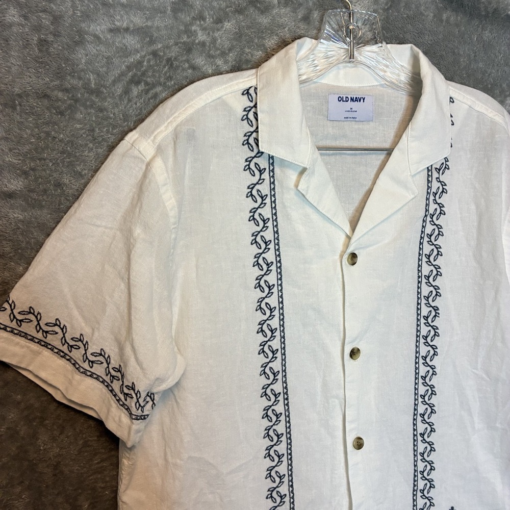Old Navy Mens Linen Blend Camp Collar Shirt M Coastal Old Money Embroidered